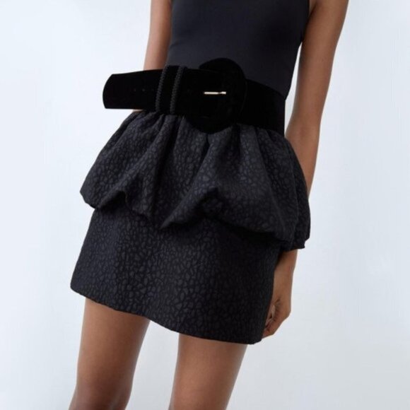 NWT Zara black jacquard tiered ruffle pleated peplum mini skirt, S - Picture 6 of 11